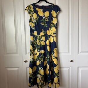 Navy colored dress with Lemon print with capped Sleeve Sundress
